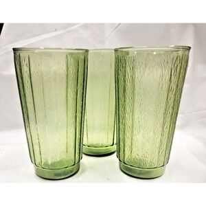Set of 3 Vintage Anchor Hocking Avocado Green Reeded Wheatgrass Drinking glass